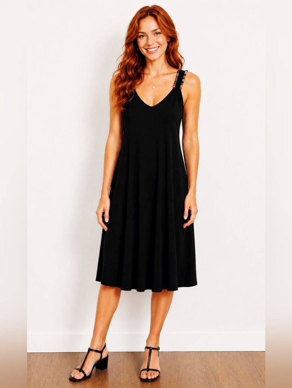 Spencer Jeremy Black Beaded Strap Swing Dress Size Large